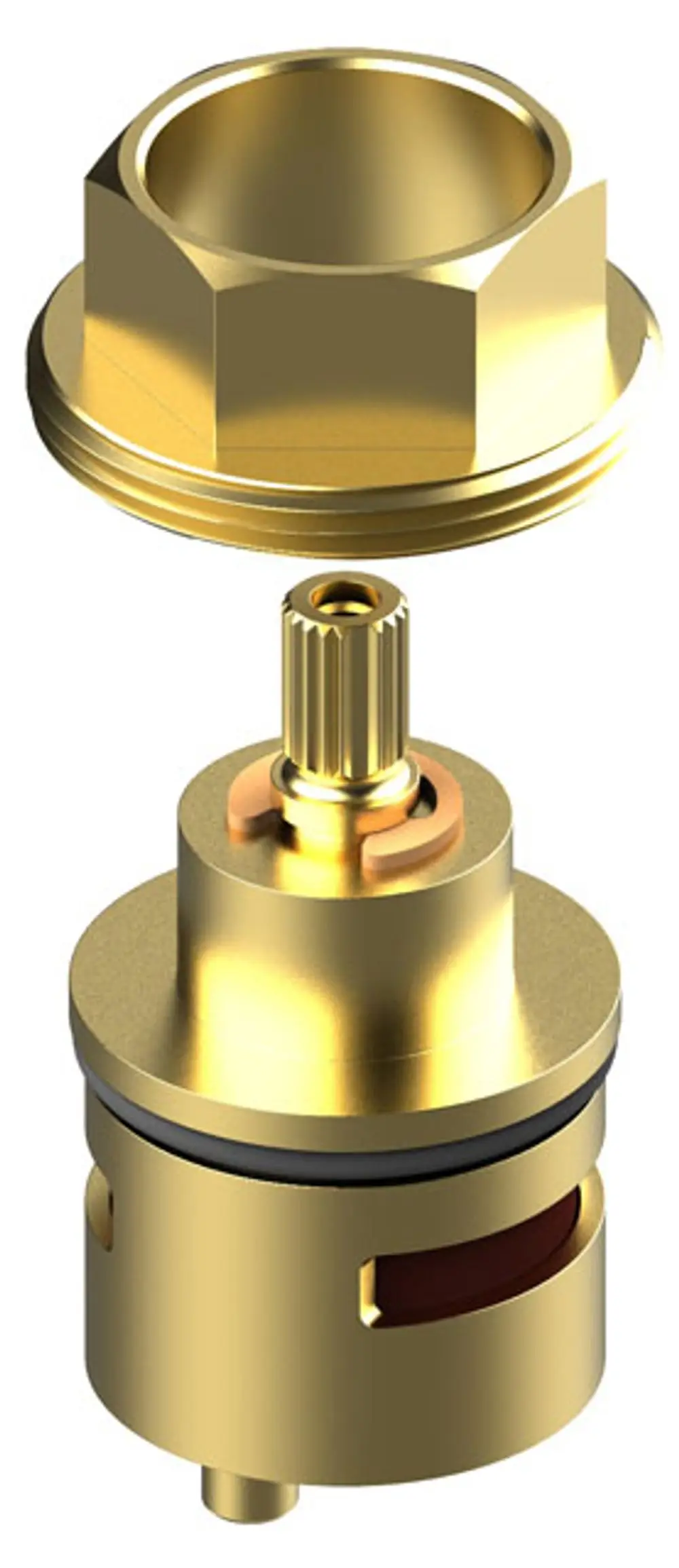 Ersatzteil von Keuco, bestehend aus einer goldenen Abdeckung und einer darunterliegenden Mechanik, offenbar konstruiert für spezifische Sanitärinstallationen.